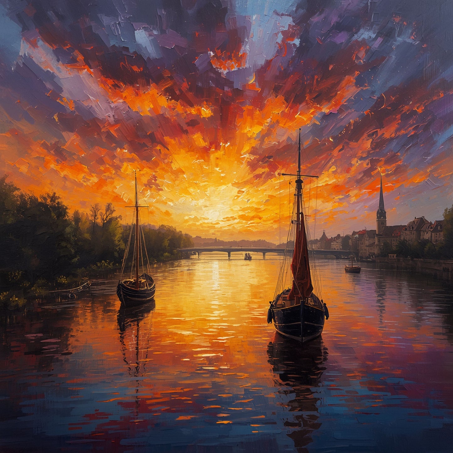 Schilderij van dramatische zonsondergang boven haven met rode zeilboot, vurige paarse en oranje wolkenlucht en gouden waterreflecties met kathedraalsilhouet – maritiem wall art print
