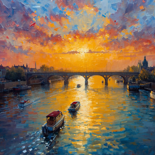 Schilderij van kleurrijke zonsondergang boven historische stadsbrug met woonboot, gouden en blauwe waterreflecties en vurige oranje wolkenlucht – maritiem wall art print
