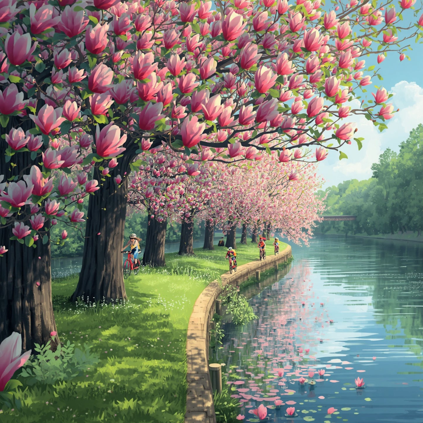 Schilderij van schilderachtig lentepad langs de Rijn in Alphen aan den Rijn met roze bloeiende magnolia's en kersenbloesems, fietsers en zachte waterreflecties – wall art print

