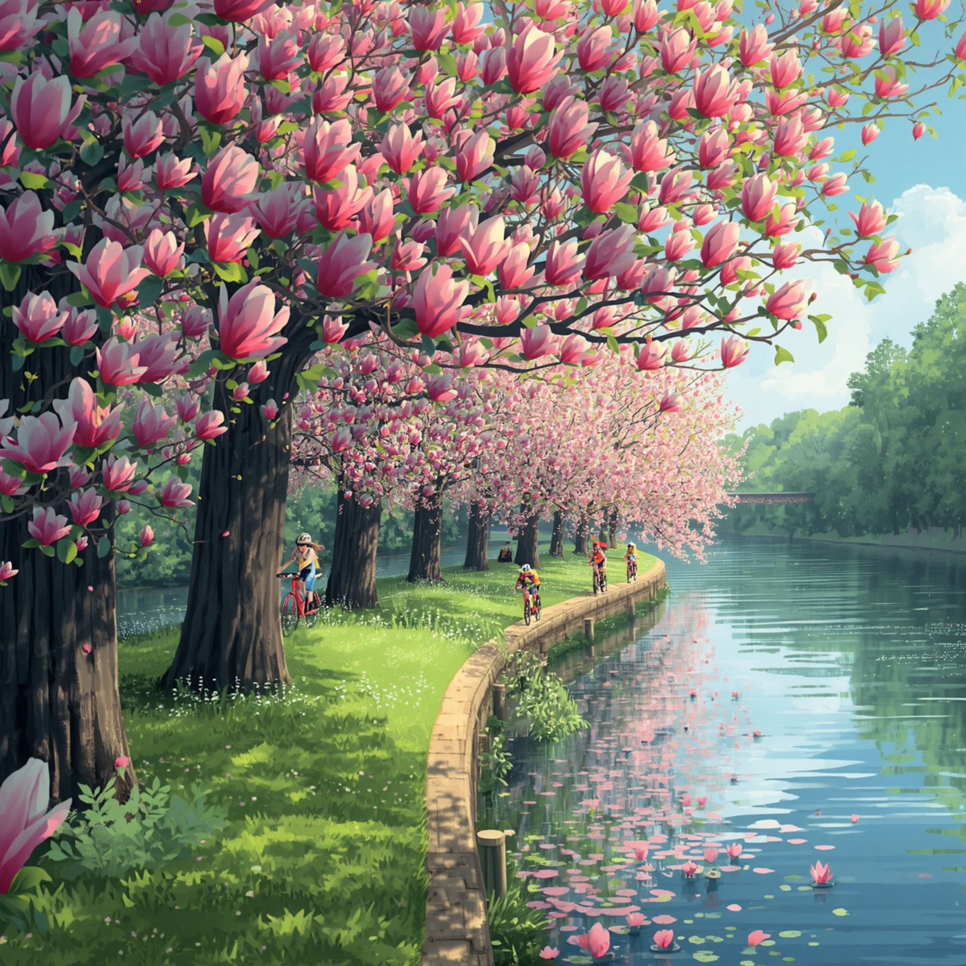 Schilderij van schilderachtig lentepad langs de Rijn in Alphen aan den Rijn met roze bloeiende magnolia's en kersenbloesems, fietsers en zachte waterreflecties – wall art print
