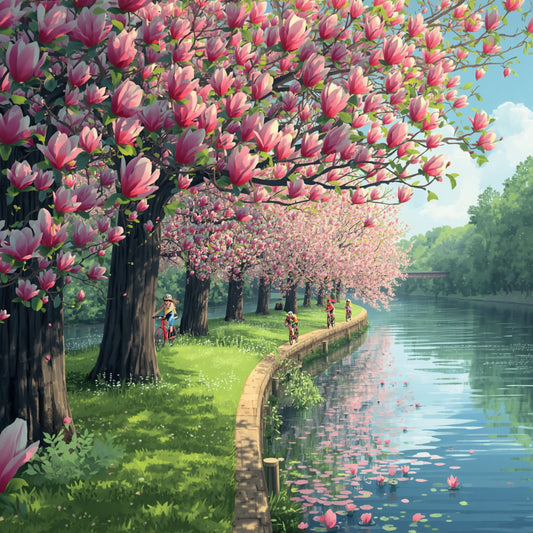 Schilderij van schilderachtig lentepad langs de Rijn in Alphen aan den Rijn met roze bloeiende magnolia's en kersenbloesems, fietsers en zachte waterreflecties – wall art print

