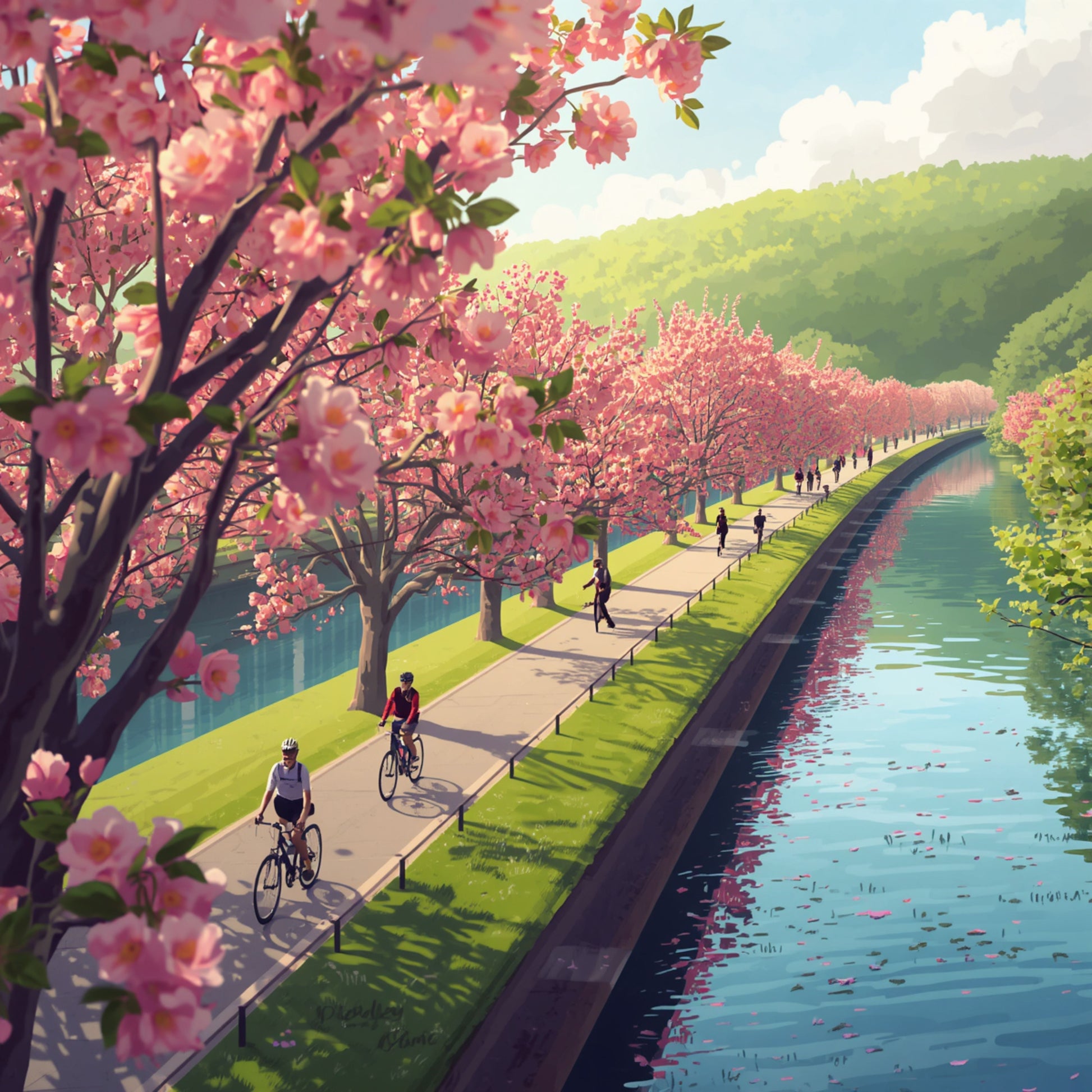Schilderij van schilderachtig fietspad langs Rijnkanaal in Alphen aan den Rijn met roze kersenbloesems, fietsers en stralend blauwe lucht met witte wolken – wall art print
