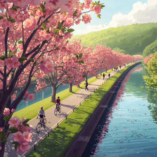 Schilderij van schilderachtig fietspad langs Rijnkanaal in Alphen aan den Rijn met roze kersenbloesems, fietsers en stralend blauwe lucht met witte wolken – wall art print
