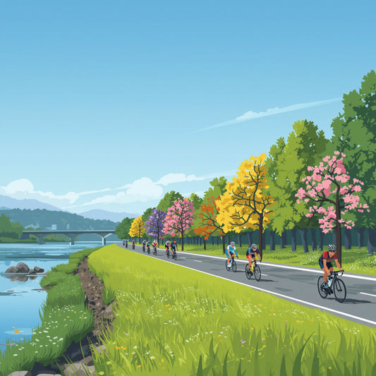 Schilderij van kleurrijke herfstweg langs de Rijn in Alphen aan den Rijn met wielrenners, gele en roze bomen en stralend blauwe lucht – natuur wall art print

