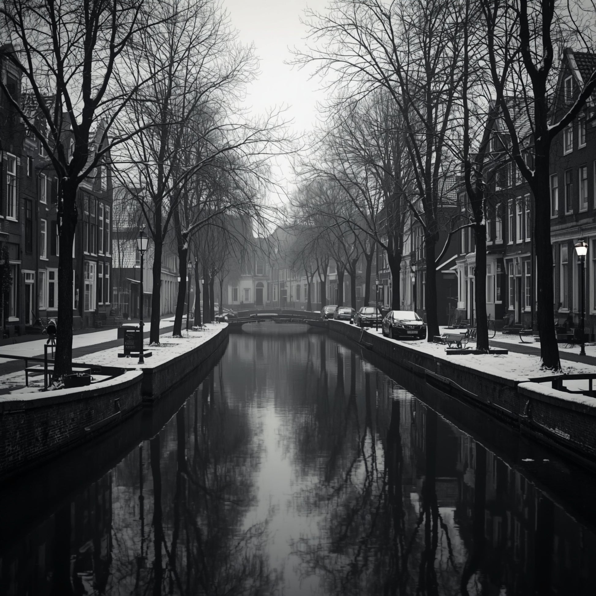 Zwart-wit schilderij van ijzige Alkmaarder wintergracht in de mist met kale bomen en spiegelgladde waterreflecties – stille atmosferische sfeer wall art print
