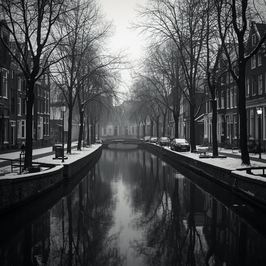 Zwart-wit schilderij van ijzige Alkmaarder wintergracht in de mist met kale bomen en spiegelgladde waterreflecties – stille atmosferische sfeer wall art print
