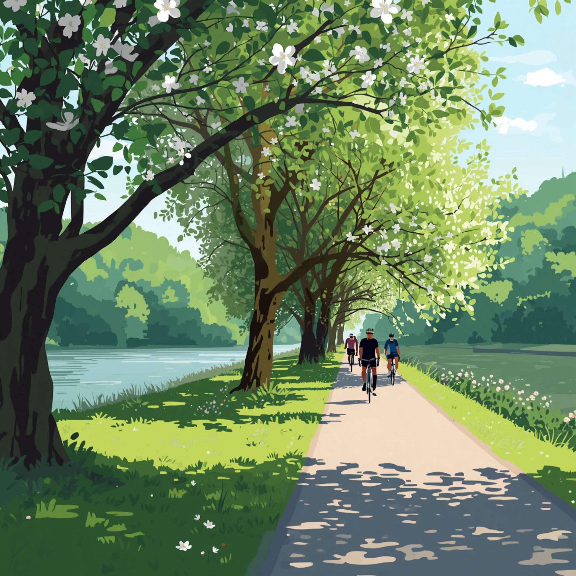 Schilderij van zonnig fietspad langs de Rijn in Alphen aan den Rijn met weelderige groene bomen in lenteblad, witte bloesems en fietsers in zachte ochtendzon – wall art print
