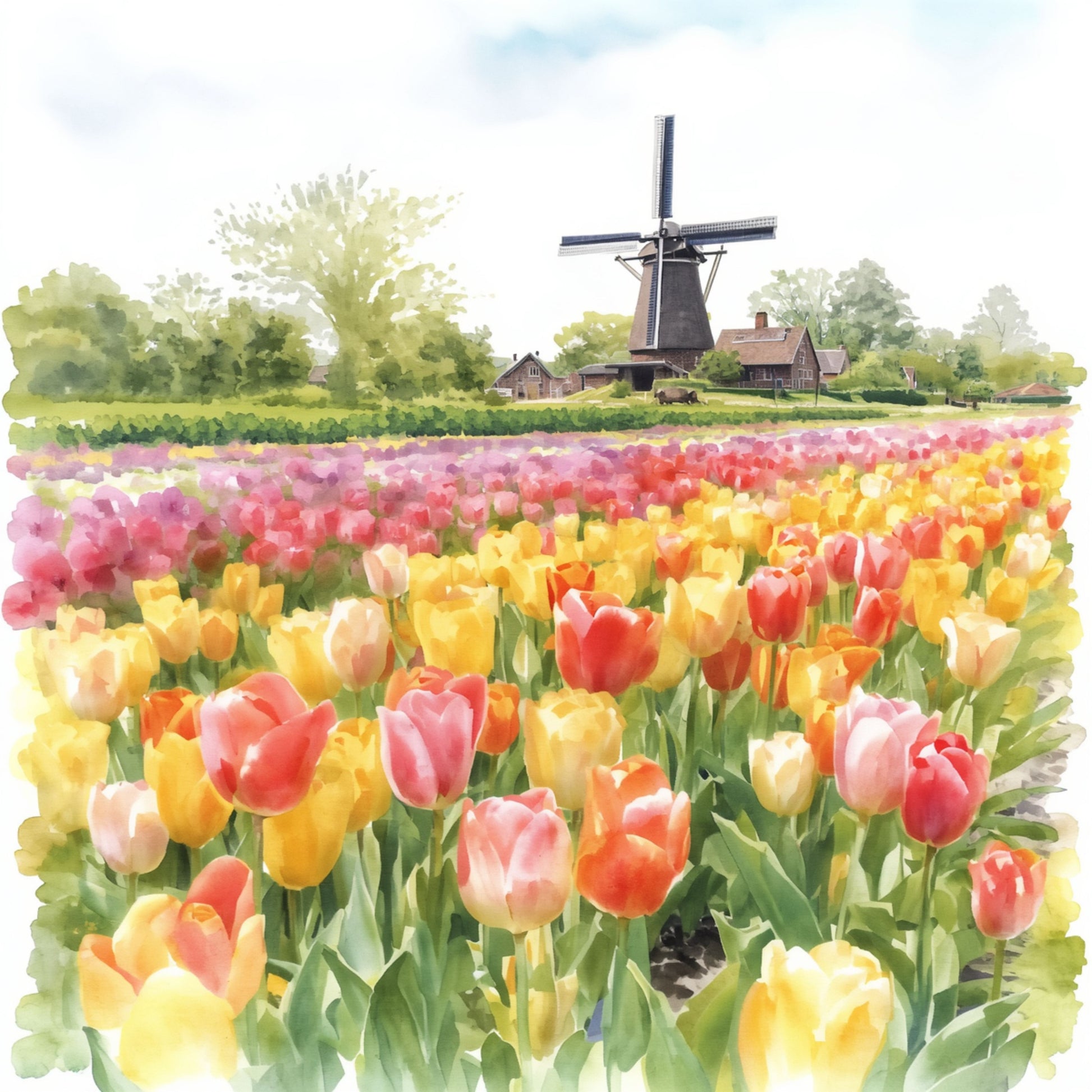 Aquarel schilderij van kleurrijk Nederlands tulpenveld in rood, oranje, geel en roze met historische windmolen en boerderij onder zachte bewolkte lucht – bloemen wall art print
