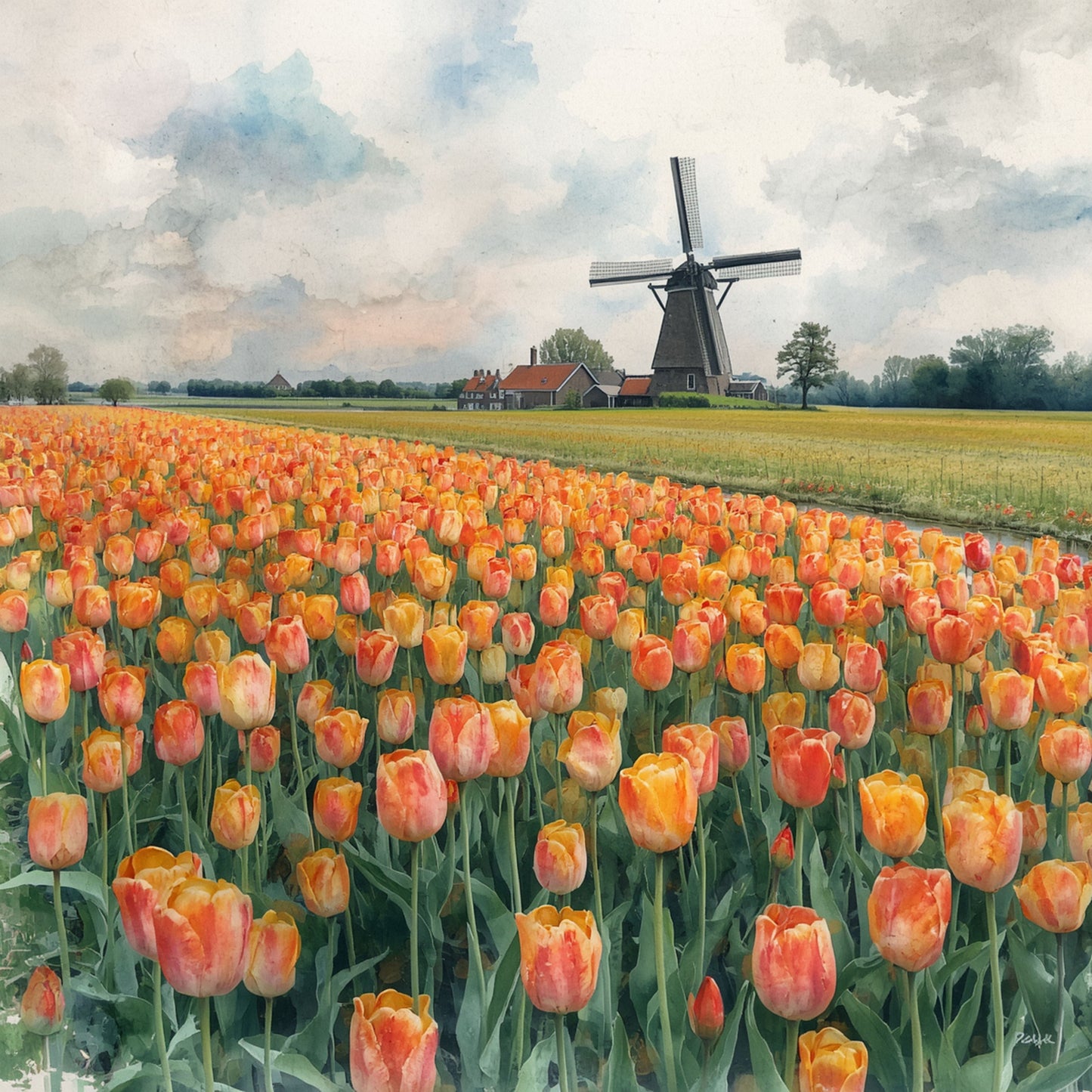 Aquarel schilderij van weids oranje tulpenveld met historische windmolen en boerderij onder dramatische bewolkte lucht in typisch Nederlands polderlandschap – bloemen wall art print
