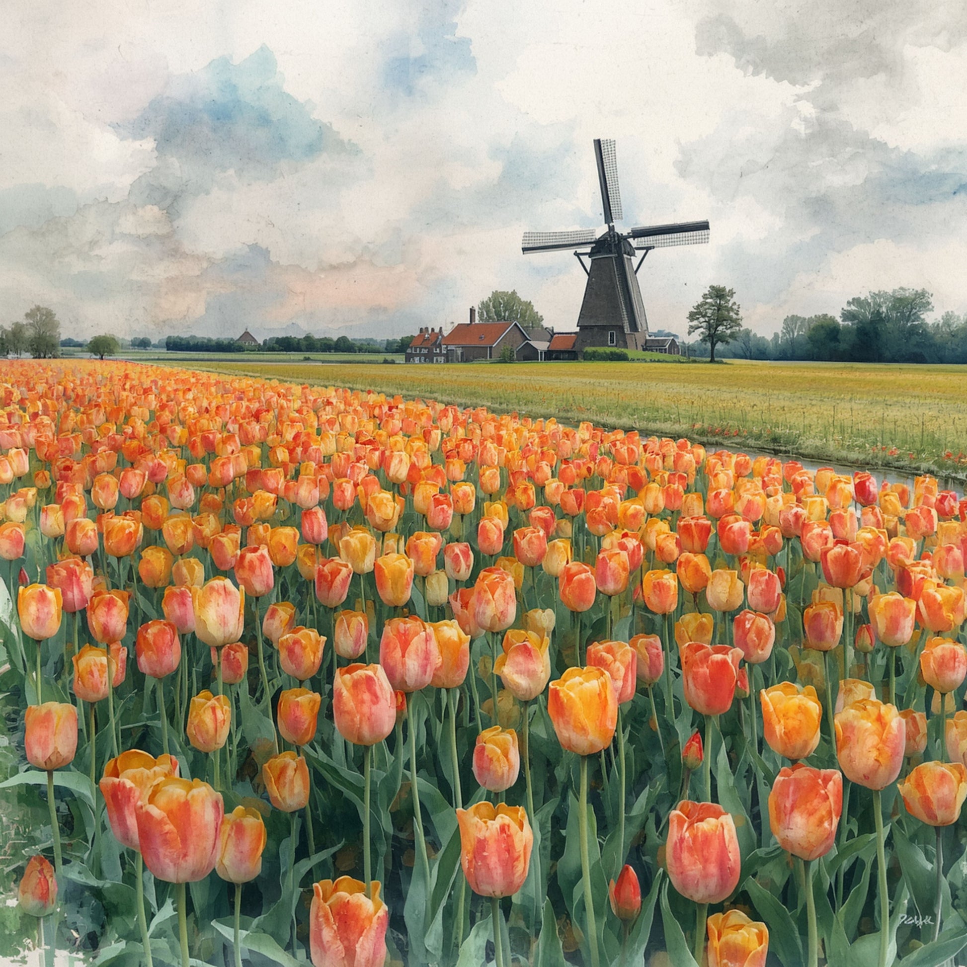 Aquarel schilderij van weids oranje tulpenveld met historische windmolen en boerderij onder dramatische bewolkte lucht in typisch Nederlands polderlandschap – bloemen wall art print
