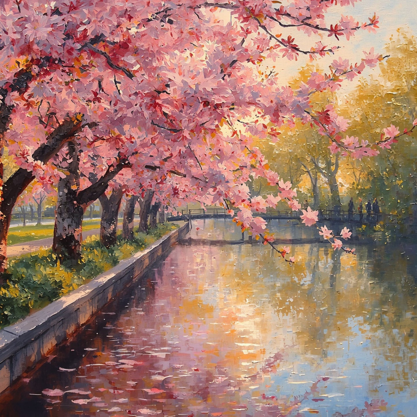 Impressionistisch schilderij van schilderachtig kanaalpad in Alphen aan den Rijn met roze kersenbloesems, gouden waterreflecties en stenen brug in zachte lentezon – wall art print
