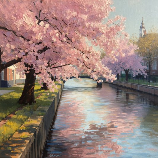 Impressionistisch schilderij van roze kersenbloesems langs Rijnkade in Alphen aan den Rijn met stenen brug, kathedraalsilhouet en zachte waterreflecties in lentezon – wall art print
