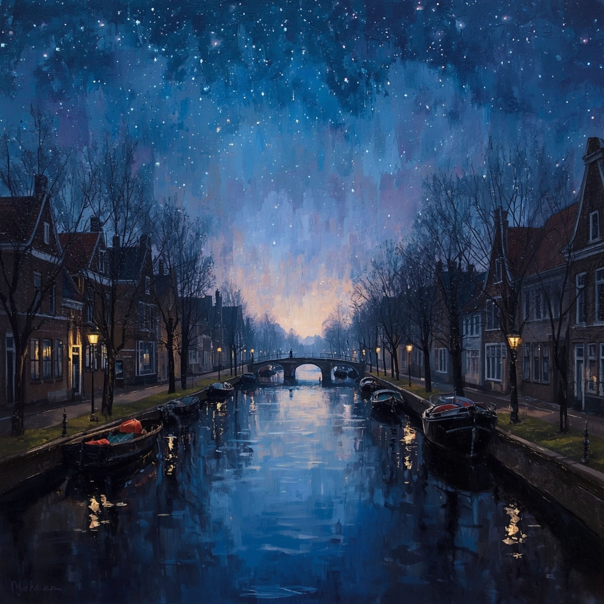 Schilderij van mystieke Amsterdamse gracht bij nacht met sterrenhemel, blauwe nevel, lantaarnpalen, woonboten en donkere historische grachtenpanden – wall art print
