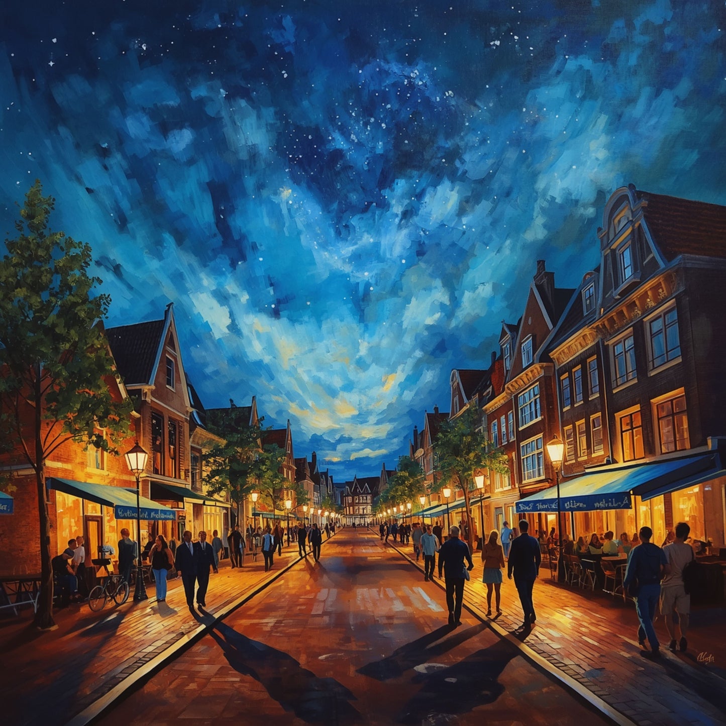 Schilderij van wervelende sterrennacht boven bruisende binnenstad van Alphen aan den Rijn met blauwe nevel, verlichte straten, wandelaars en historische gevels – wall art print
