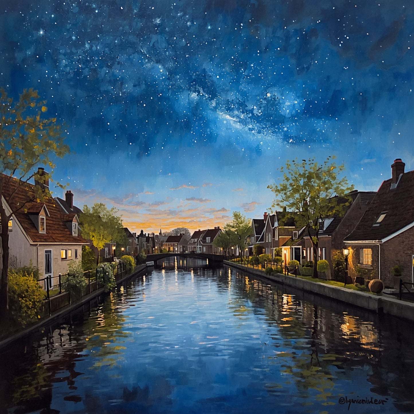 Schilderij van melkweg boven stille gracht in Alphen aan den Rijn bij nacht met sterrenhemel, blauwe nevel, lantaarnpalen en historische grachtenpanden met waterreflecties – wall art print
