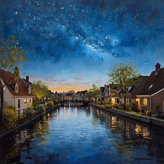 Schilderij van melkweg boven stille gracht in Alphen aan den Rijn bij nacht met sterrenhemel, blauwe nevel, lantaarnpalen en historische grachtenpanden met waterreflecties – wall art print
