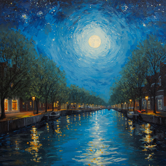 Schilderij van volle maan boven gracht in Alphen aan den Rijn bij nacht met wervelende blauwe nachtlucht, lantaarnpalen, bomen en gouden waterreflecties – wall art print
