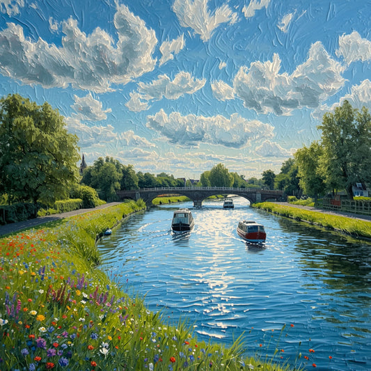 Schilderij van zonnige Alkmaarder rivier in de zomer met vrolijke bootjes, kleurrijke wilde bloemen langs de oever en stralend blauwe lucht met wolken – wall art print
