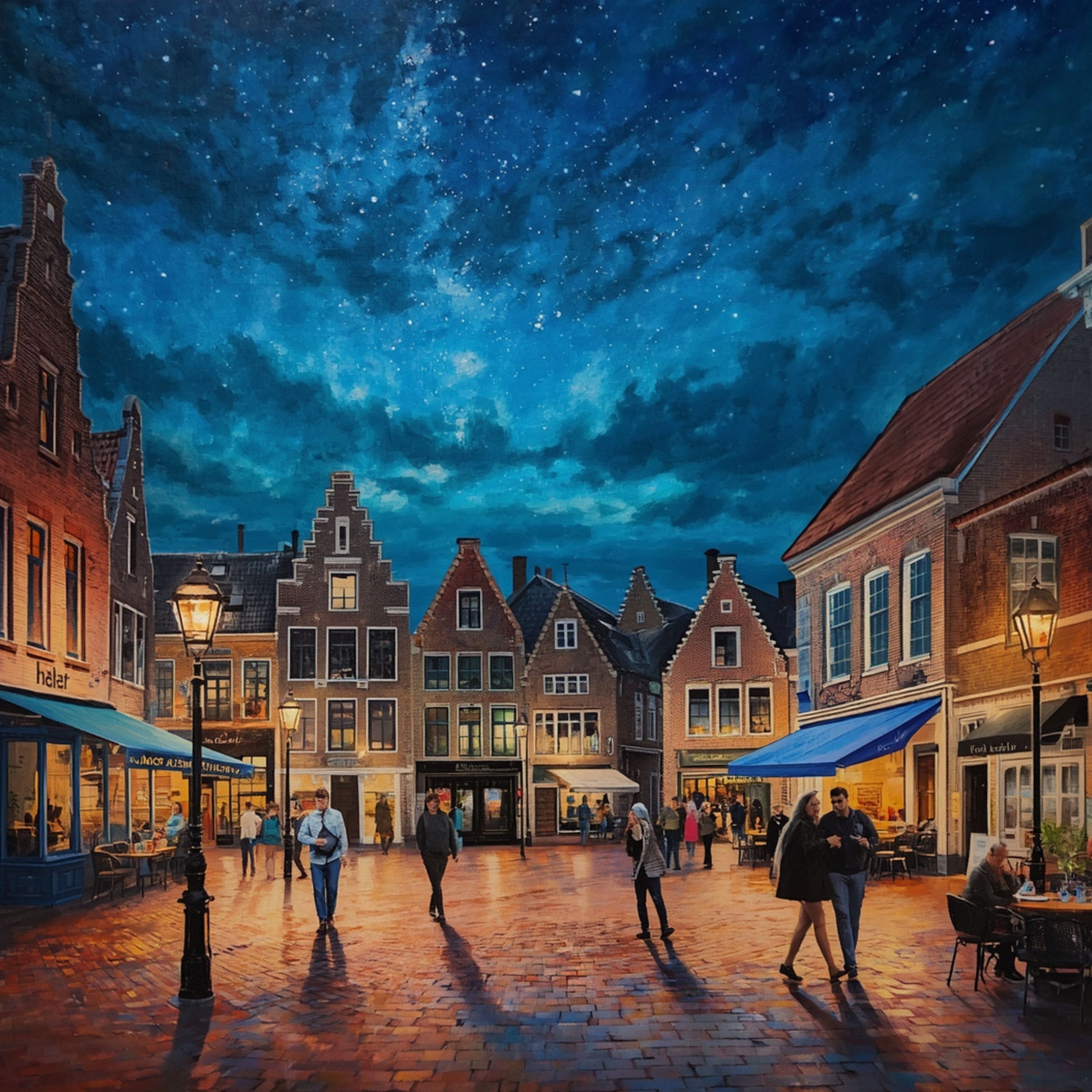 Schilderij van sterrenhemel boven gezellig marktplein in Alphen aan den Rijn bij nacht met dramatische blauwe wolkenlucht, verlichte historische gevels en wandelaars – wall art print
