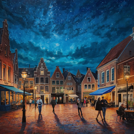 Schilderij van sterrenhemel boven gezellig marktplein in Alphen aan den Rijn bij nacht met dramatische blauwe wolkenlucht, verlichte historische gevels en wandelaars – wall art print
