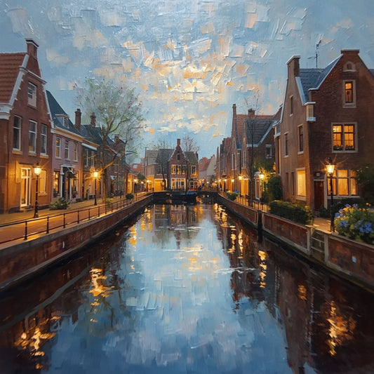 Schilderij van schemering aan de gracht in Alphen aan den Rijn met gouden lantaarnreflecties, blauwe nevel, historische grachtenpanden en stille waterreflecties – wall art print
