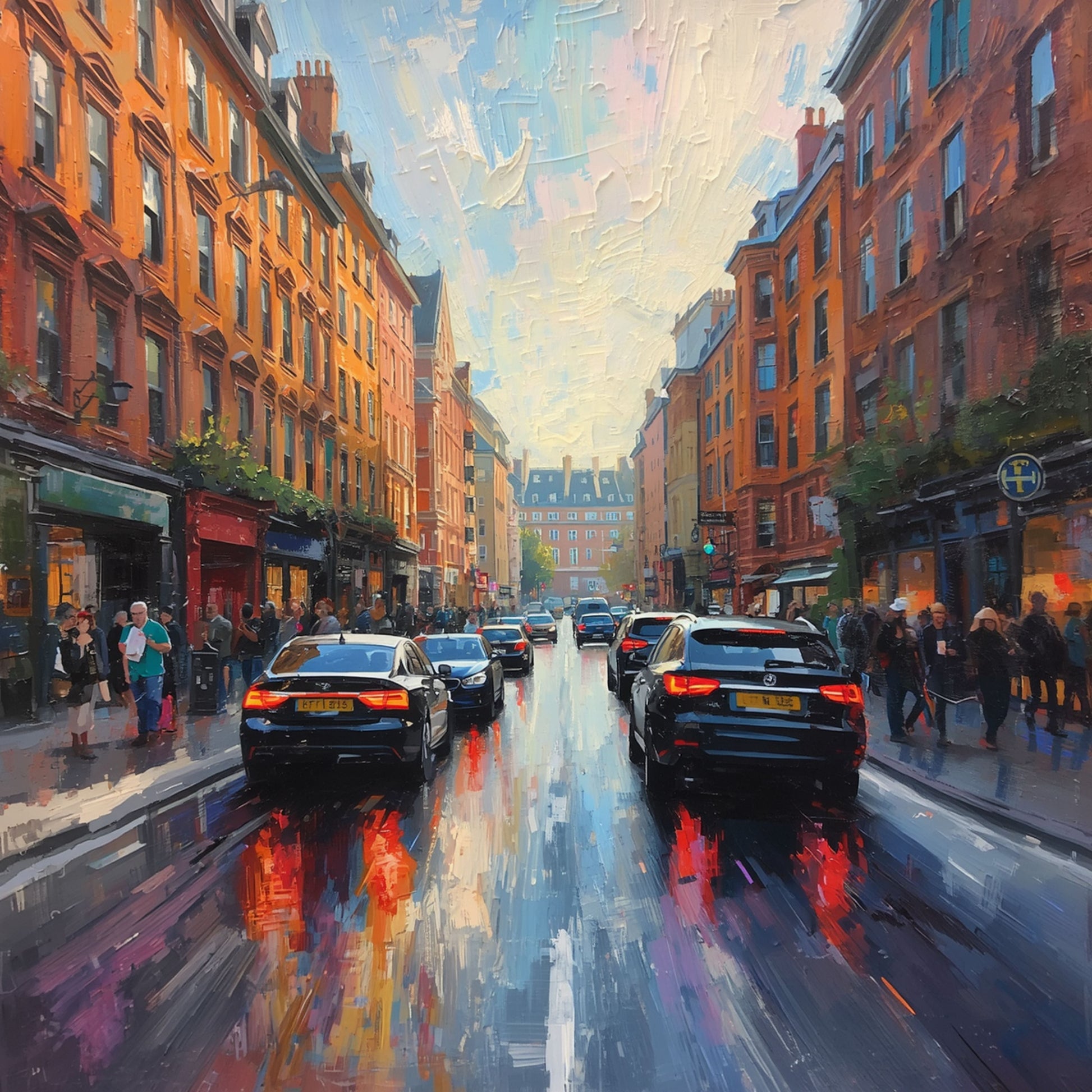 Schilderij van regenachtige binnenstad van Amersfoort bij avond met rode autolichten, kleurrijke lichtreflecties op natte klinkers en historische gevels langs drukke straat – wall art print
