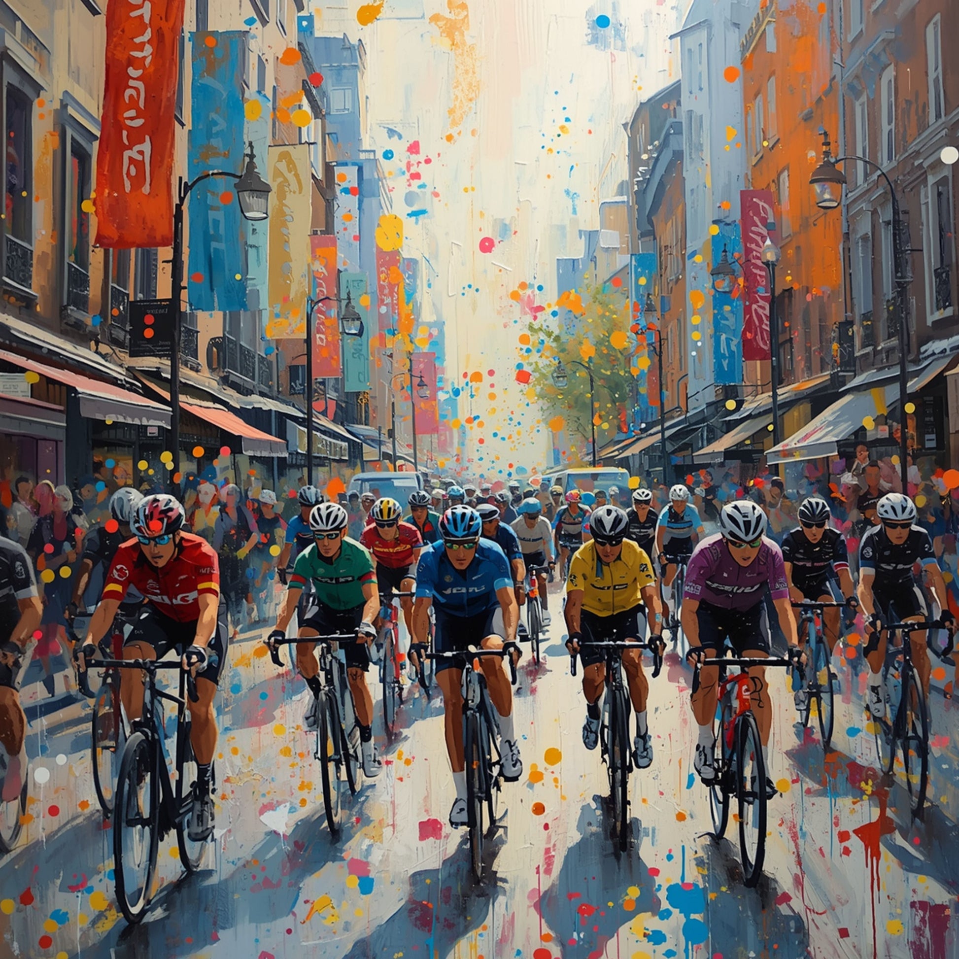 Schilderij van kleurrijke wielerwedstrijd door de binnenstad van Amersfoort met peloton wielrenners in felle tenues, confetti en feestelijk versierde historische gevels – wall art print
