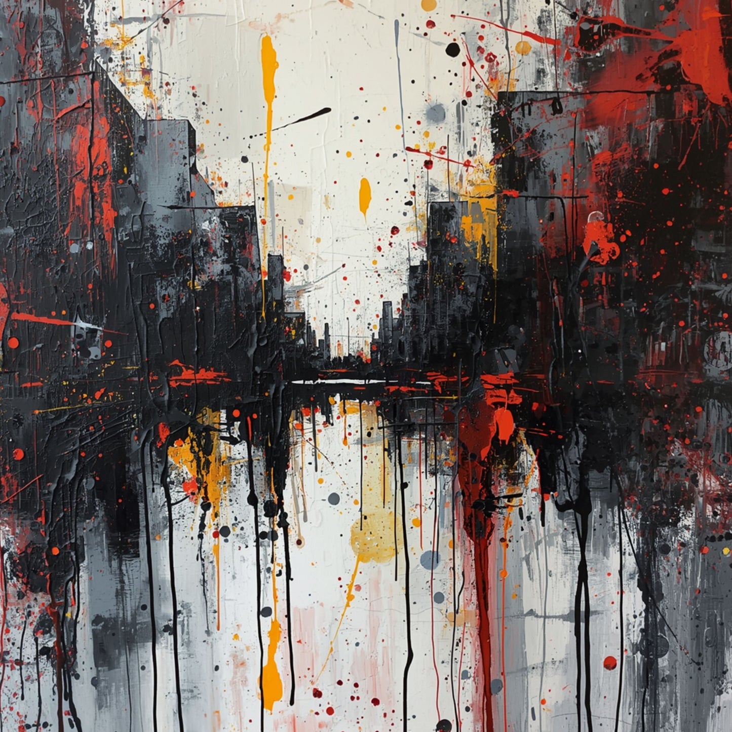 Abstract schilderij van Amersfoort stadsgezicht met zwarte gebouwsilhouetten, rode en gouden verfspetters en druipende verfstrepen op witte achtergrond – wall art print
