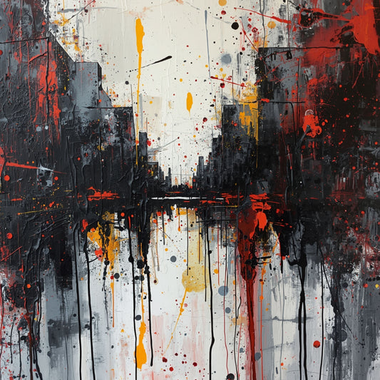 Abstract schilderij van Amersfoort stadsgezicht met zwarte gebouwsilhouetten, rode en gouden verfspetters en druipende verfstrepen op witte achtergrond – wall art print

