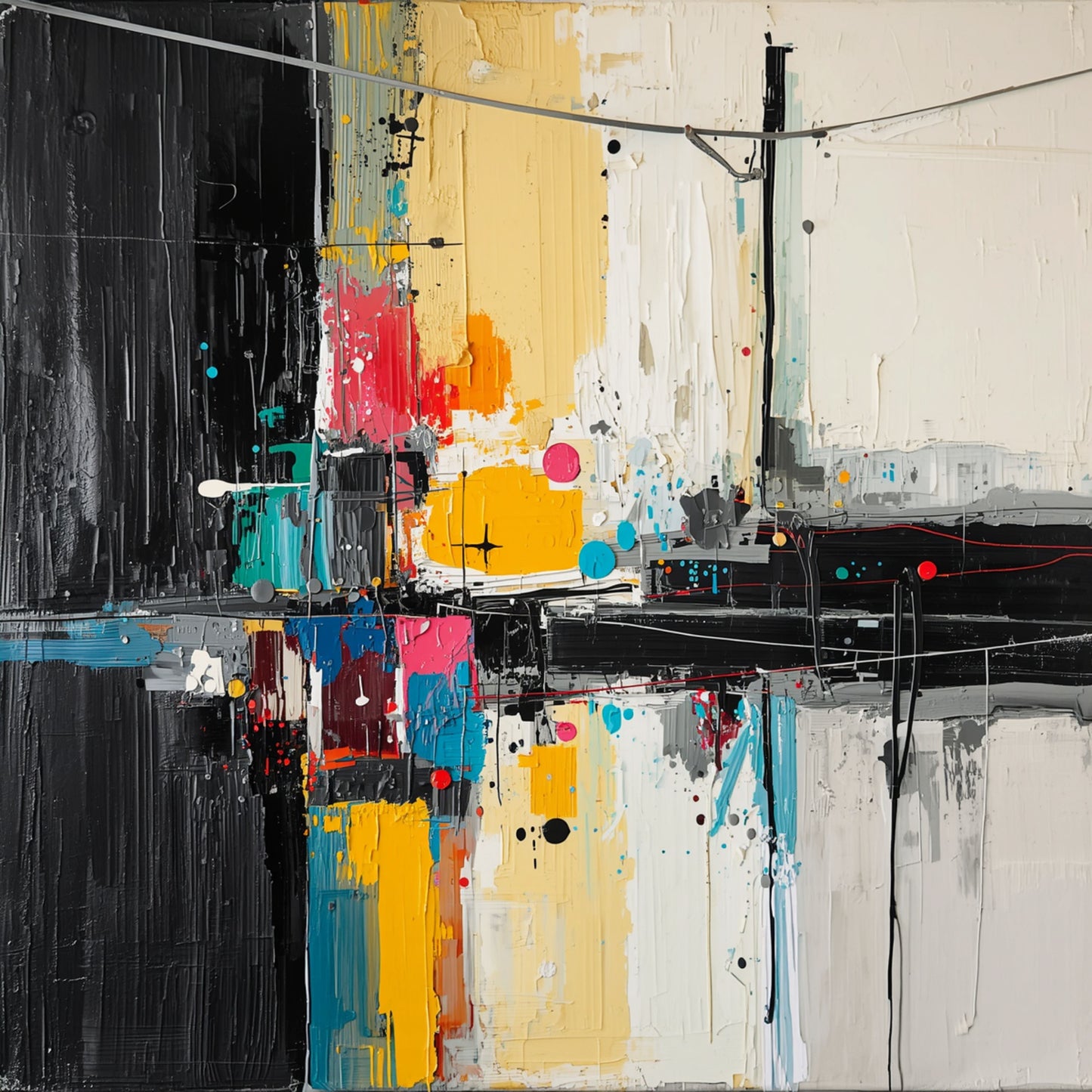 Abstract schilderij van Amersfoort stedelijk kleurspel met zwarte vlakken, gele explosies, turquoise accenten en roze verfspetters op witte achtergrond – wall art print

