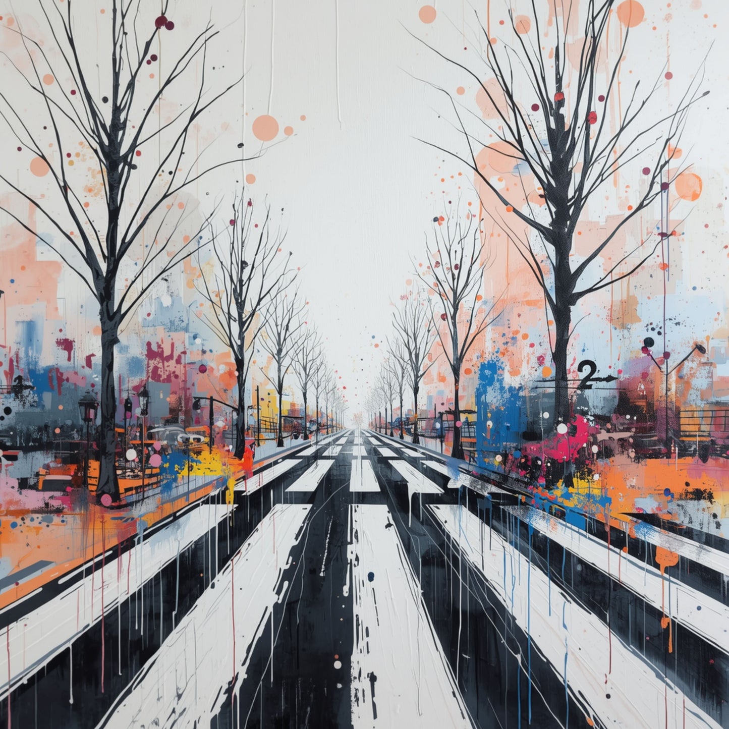 Abstract schilderij van Amersfoort laan met kale winterbomen langs zwart-wit zebrapad, kleurrijke verfspetters in roze, blauw en geel en eindeloos perspectief – wall art print

