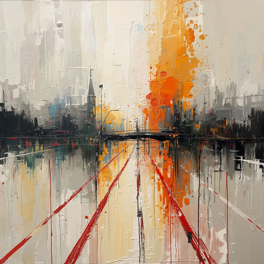 Abstract schilderij van Amersfoort stadsgezicht met kerktoren, mistige skyline, abstracte brug en oranje gloed met rode verfstrepen op donkere achtergrond – wall art print
