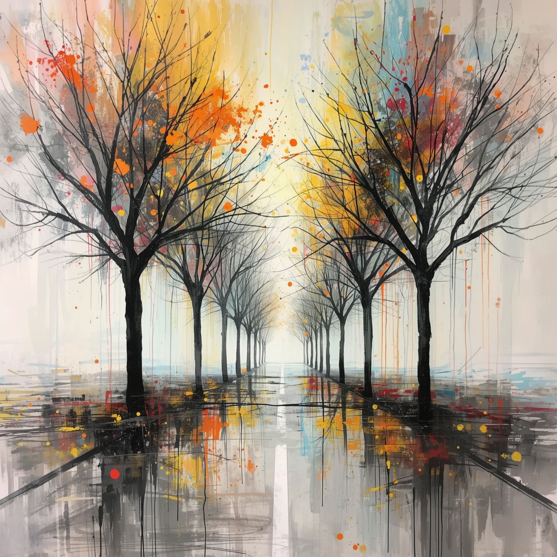 Dromerig schilderij van herfstlaan in Amersfoort met sierlijke kale bomen, kleurrijke bladeren in geel en oranje en mistige waterreflecties op natte klinkers – wall art print
