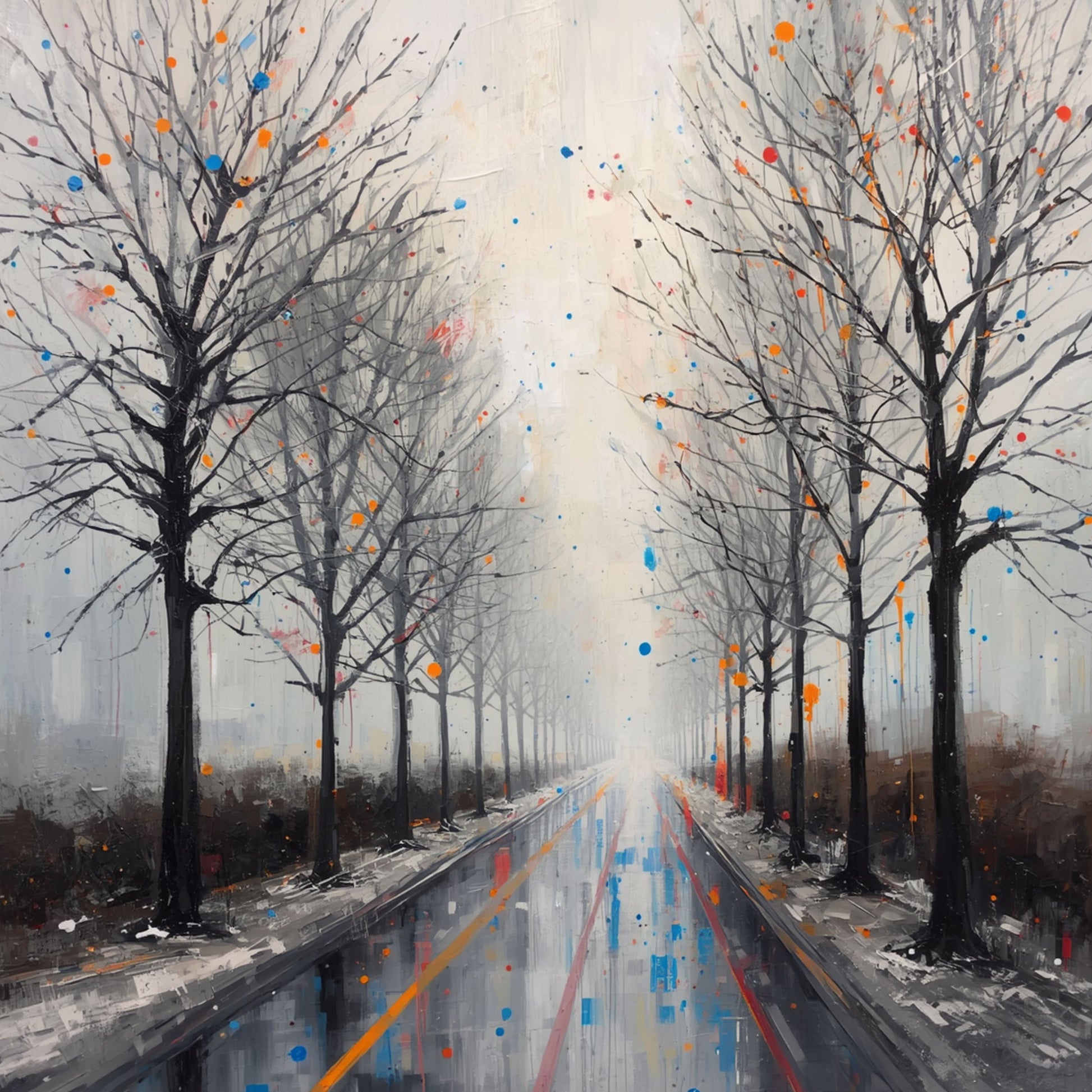 Abstract schilderij van mistige winterlaan in Amersfoort met kale bomen die verdwijnen in dichte witte mist, natte weg met oranje en blauwe verfspetters – wall art print
