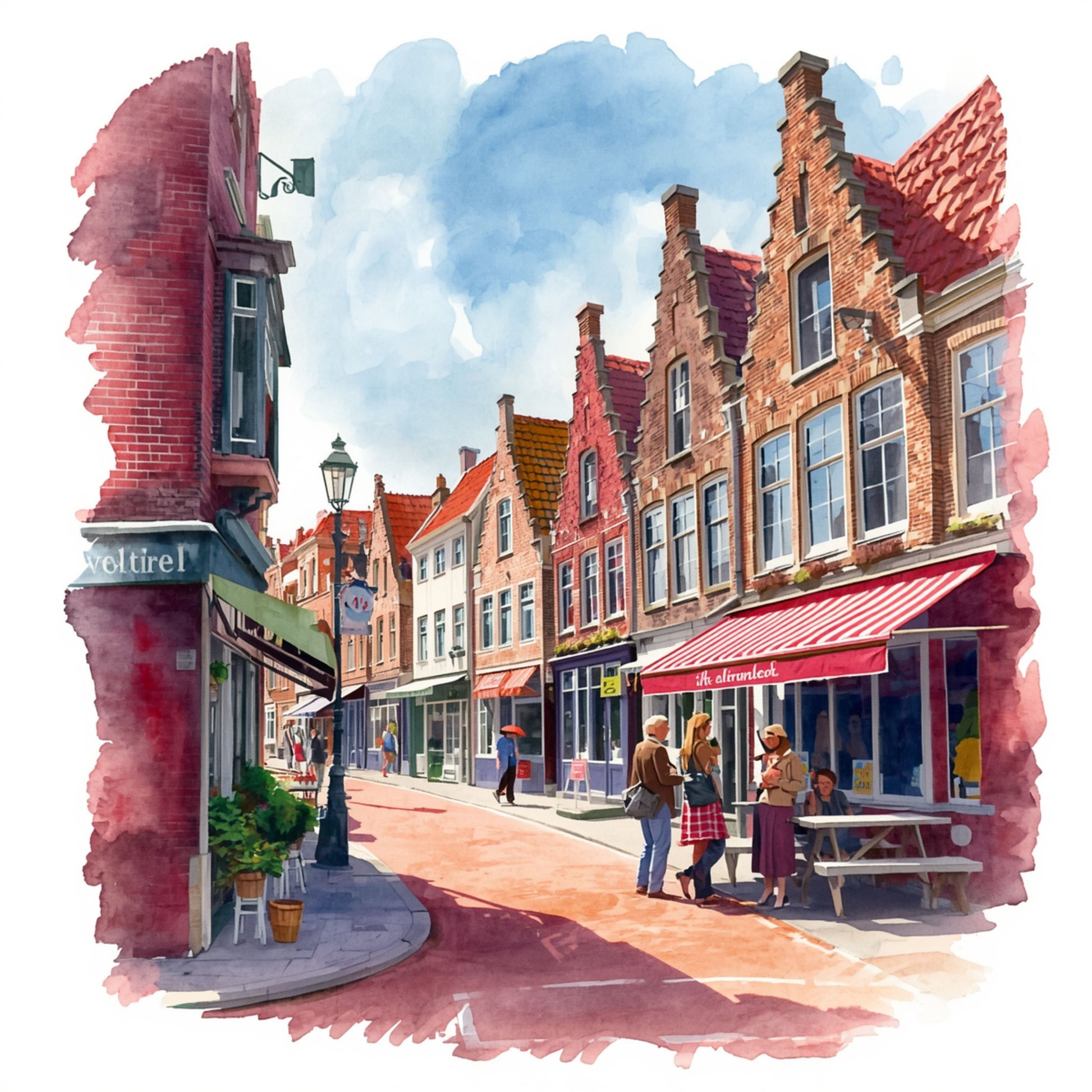 Aquarel schilderij van bruisende Alkmaarder binnenstad met warme bakstenen gevels, gezellige winkeltjes en sfeervol terrasje op zonnige dag – wall art print
