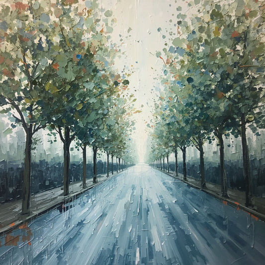 Impressionistisch schilderij van zomerlaan in Amersfoort met weelderige groene bomen die een betoverend bladerdak vormen boven glinsterende natte weg in zachte daglicht – wall art print
