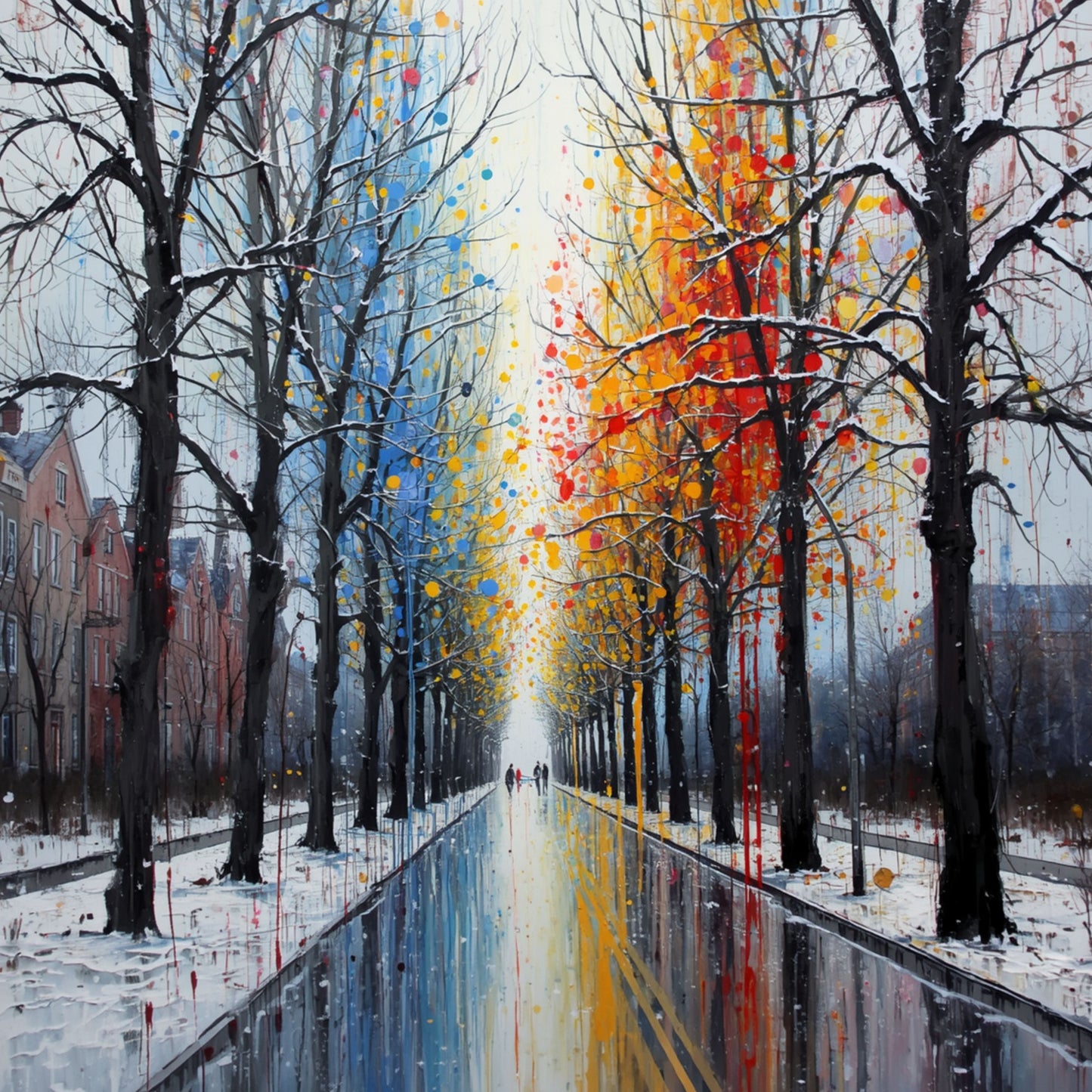 Kleurrijk schilderij van besneeuwde laan in Amersfoort met wandelaars hand in hand, kale bomen met herfstbladeren in oranje en geel en kleurrijke verfspetters op natte weg – wall art print
