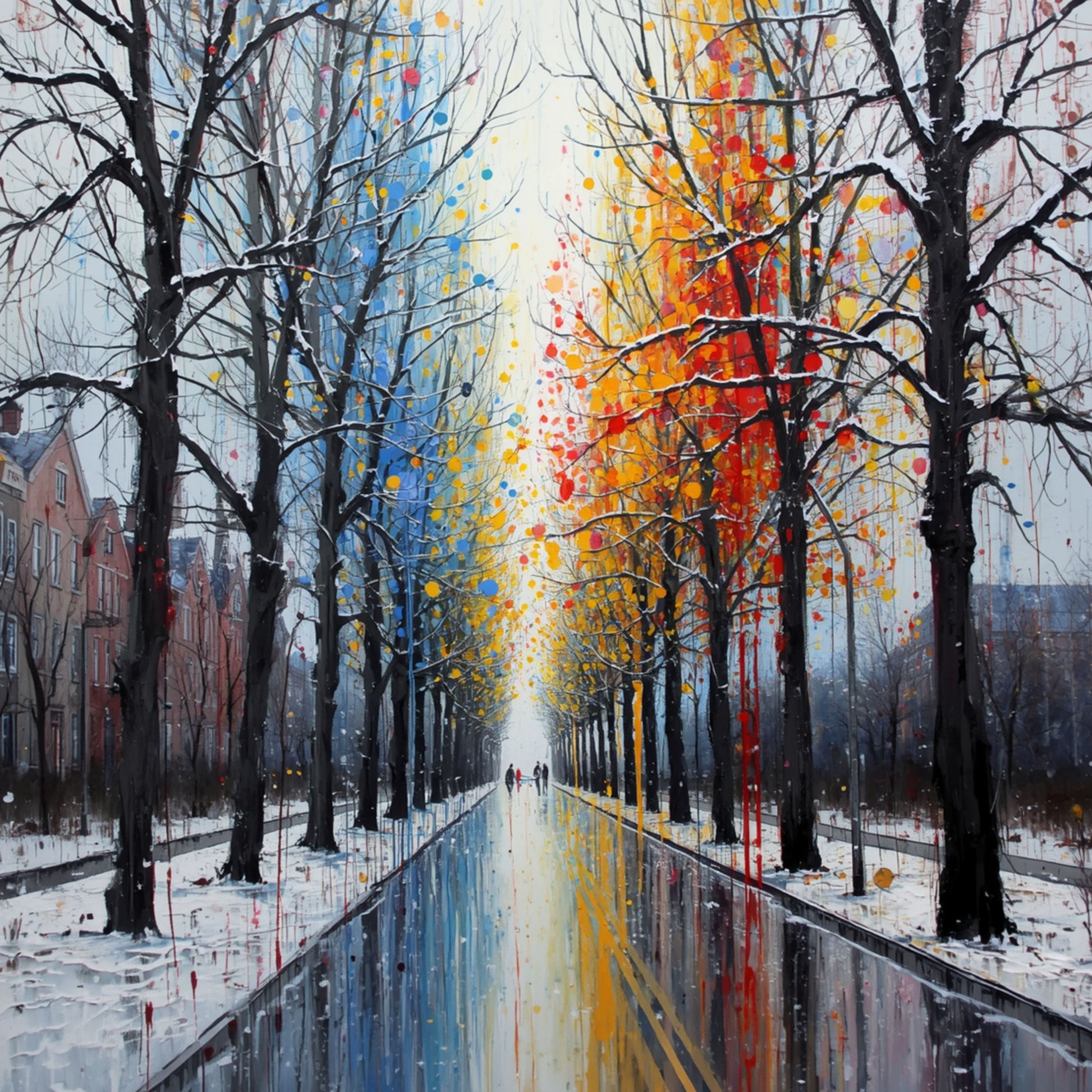 Kleurrijk schilderij van besneeuwde laan in Amersfoort met wandelaars hand in hand, kale bomen met herfstbladeren in oranje en geel en kleurrijke verfspetters op natte weg – wall art print
