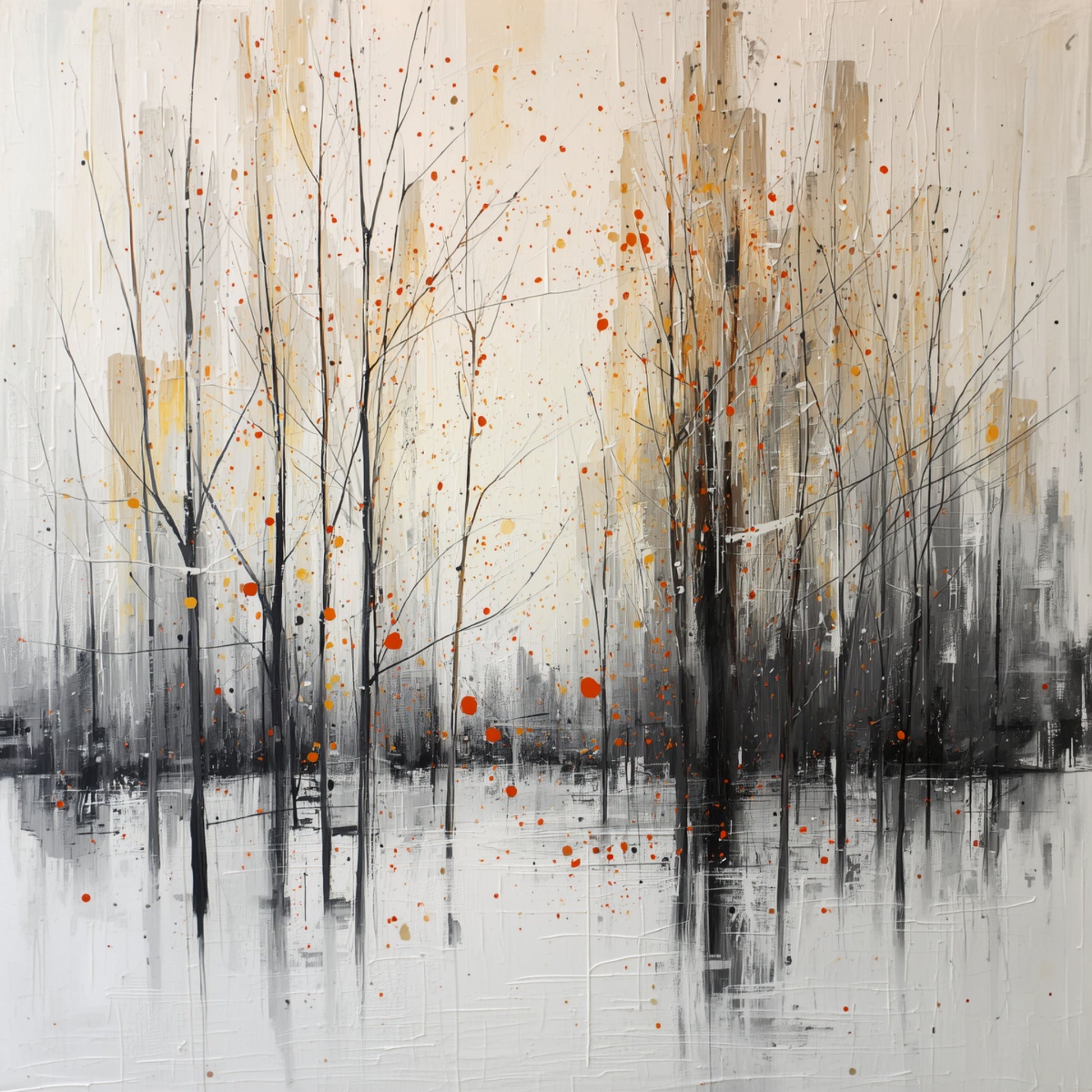 Abstract schilderij van kale winterbomen met rode en gele verfspetters, donkere reflecties en mistige grijze achtergrond in expressionistische stijl – wall art print
