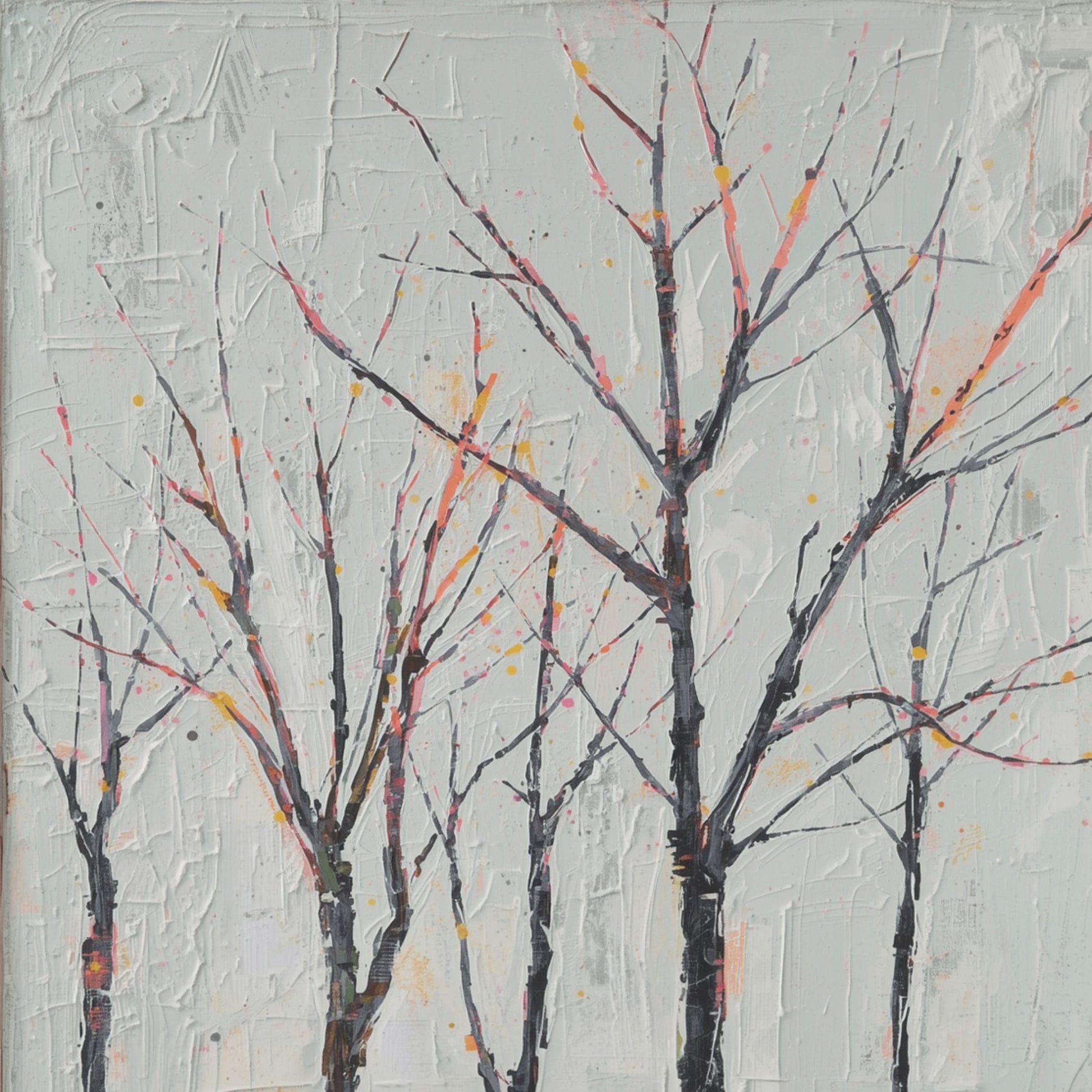 Abstract schilderij van kale winterbomen met kleurrijke verfspetters in roze, oranje en geel op lichtgrijze getextureerde achtergrond in expressionistische stijl – wall art print
