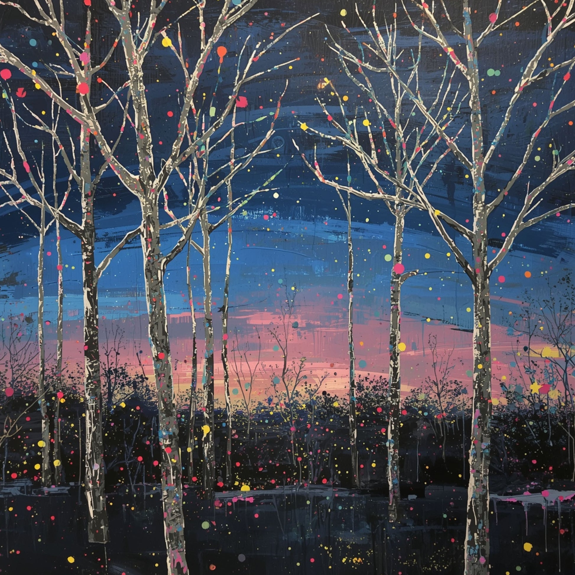 Nachtelijk schilderij van kale boom met kleurrijke verfspetters in rood, geel en groen tegen dramatische paarse en oranje zonsondergangslucht met donkere waterreflecties – wall art print
