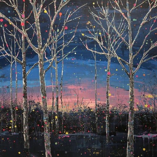 Nachtelijk schilderij van kale boom met kleurrijke verfspetters in rood, geel en groen tegen dramatische paarse en oranje zonsondergangslucht met donkere waterreflecties – wall art print

