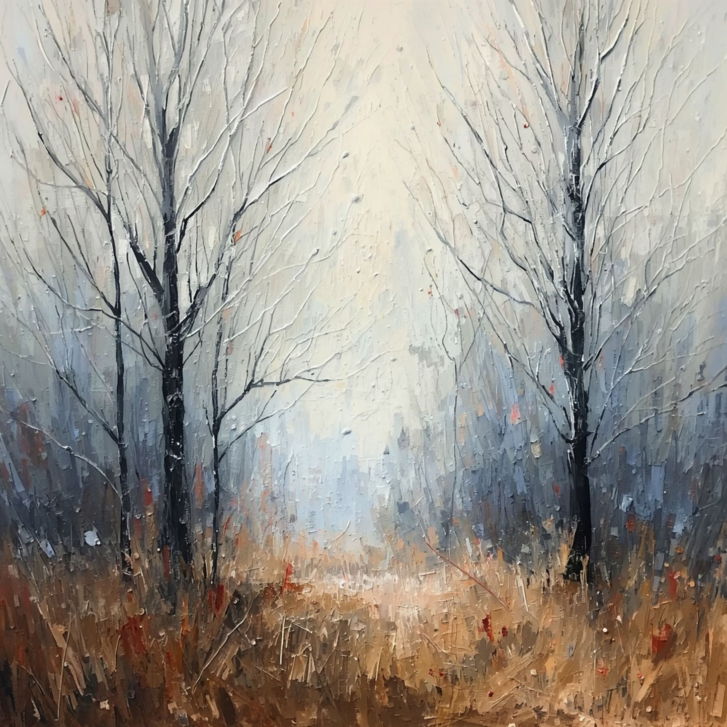 Impressionistisch schilderij van solitaire kale boom in herfstlandschap met blauwe mist, roestbruine grassen en zachte pastelkleuren in dromerige sfeer – wall art print
