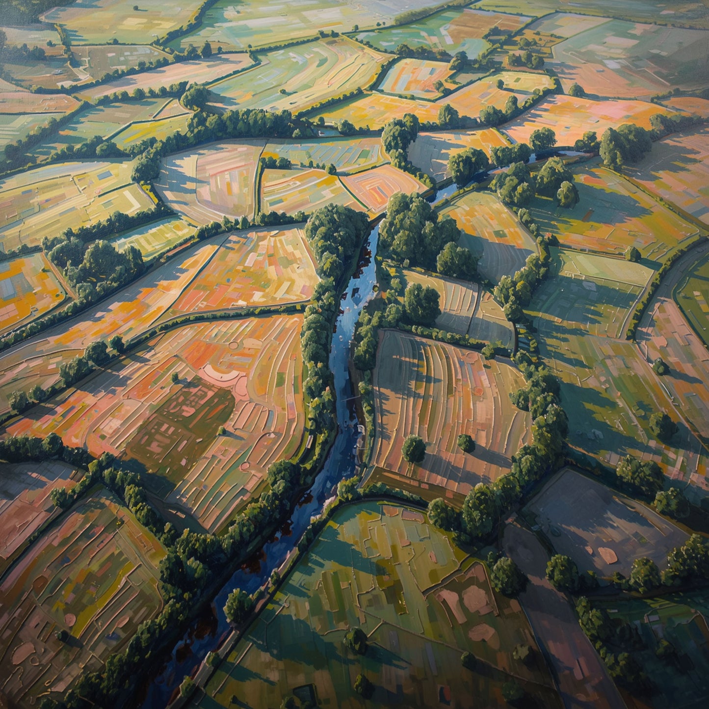 Luchtfoto schilderij van Nederlands polderlandschap met groene en gele percelen, slingerende rivier, bomenrijen en boerderijen vanuit vogelperspectief – wall art print
