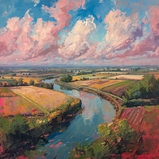 Impressionistisch schilderij van Nederlands polderlandschap met slingerende rivier, kleurrijke akkers in rood, groen en geel en dramatische roze wolkenlucht – wall art print
