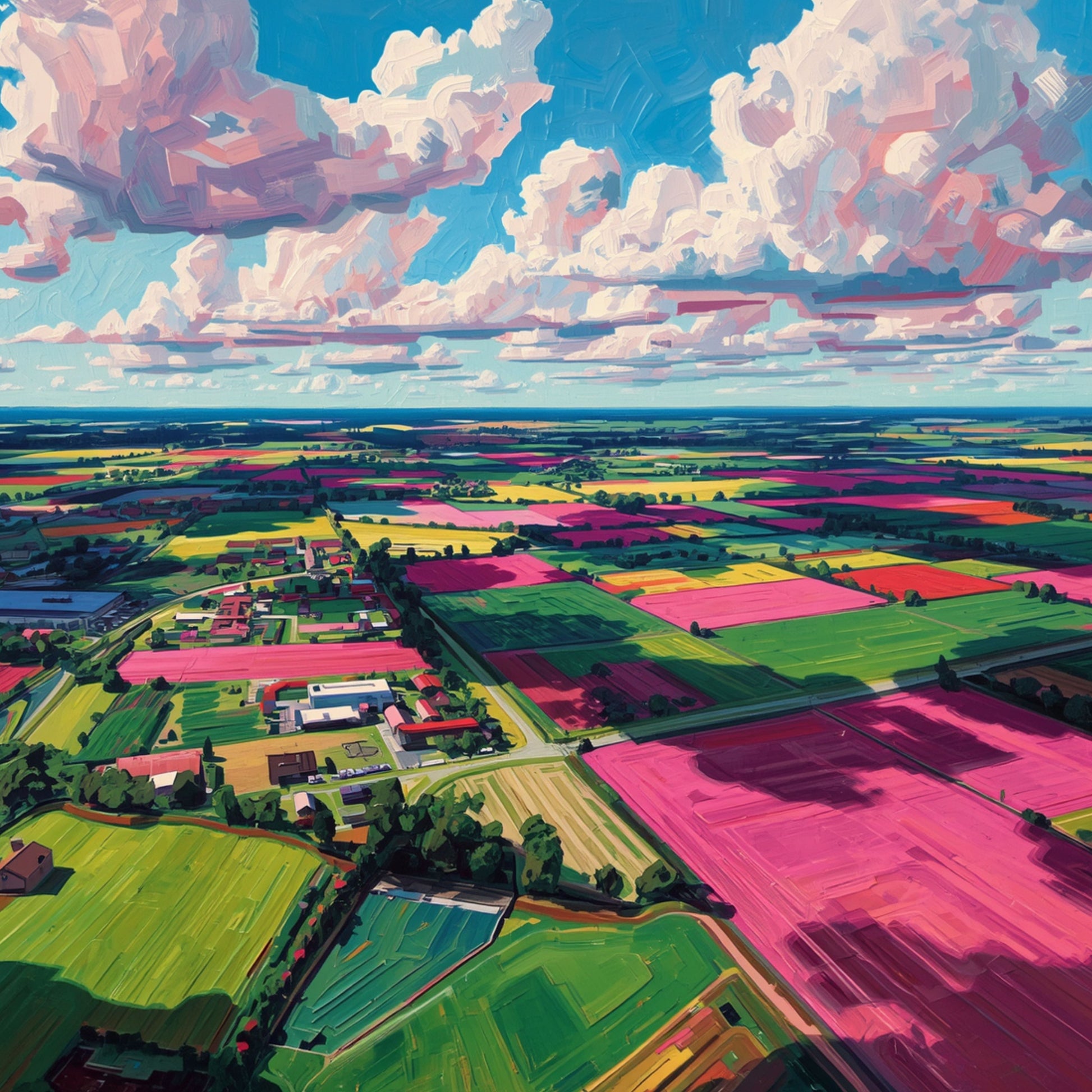 Kleurrijk luchtfoto schilderij van Nederlands polderlandschap met felroze en groene percelen, slingerende rivier en dramatische roze wolkenlucht vanuit vogelperspectief – wall art print
