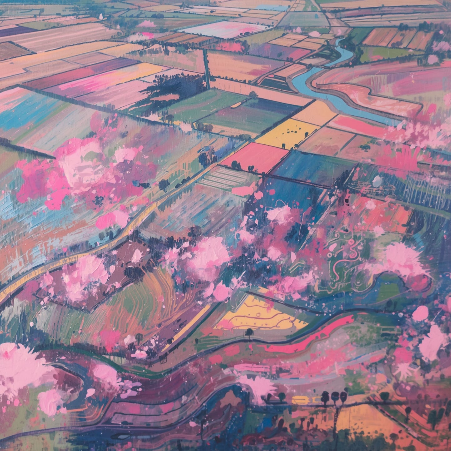 Romantisch luchtfoto schilderij van Nederlands polderlandschap in roze en paarse pastelkleuren met slingerende rivieren, bloesemroze percelen en zachte lentesfeer vanuit vogelperspectief – wall art print
