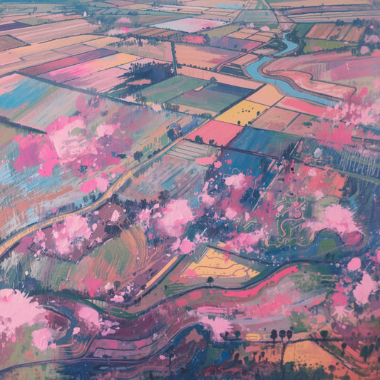 Romantisch luchtfoto schilderij van Nederlands polderlandschap in roze en paarse pastelkleuren met slingerende rivieren, bloesemroze percelen en zachte lentesfeer vanuit vogelperspectief – wall art print
