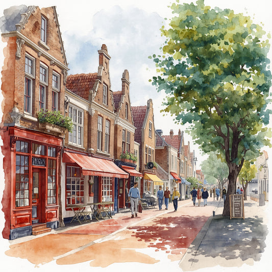 Aquarel schilderij van zonnige Alkmaarder winkelstraat met historische bakstenen gevels, grote groene boom en voetgangers op zomerse dag – wall art print
