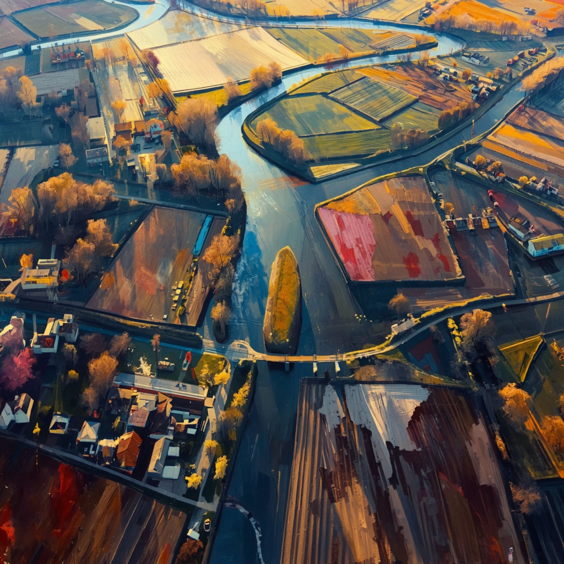 Cinematografisch luchtfoto schilderij van Amersfoort polderlandschap met slingerende rivier, gouden akkers, groene percelen en dramatische oranje en blauwe kleurvlakken vanuit vogelperspectief – wall art print
